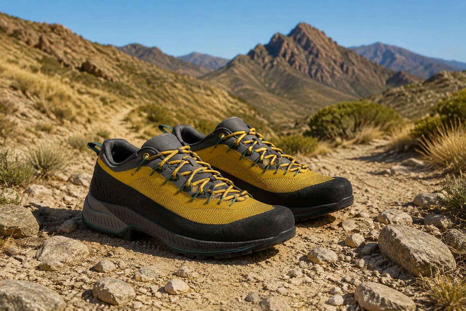 Calzado técnico amarillo y negro en un sendero seco
